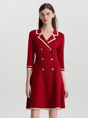 Red Double-Breasted Fit & Flare Dress with Contrast Trim